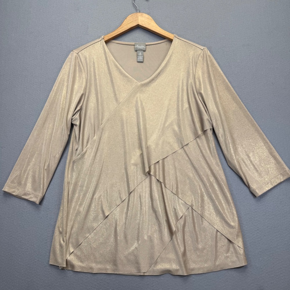Chicos Travelers Gold Metallic Layered Tunic Top V-Neck 3/4 Sleeve Size 2 Large